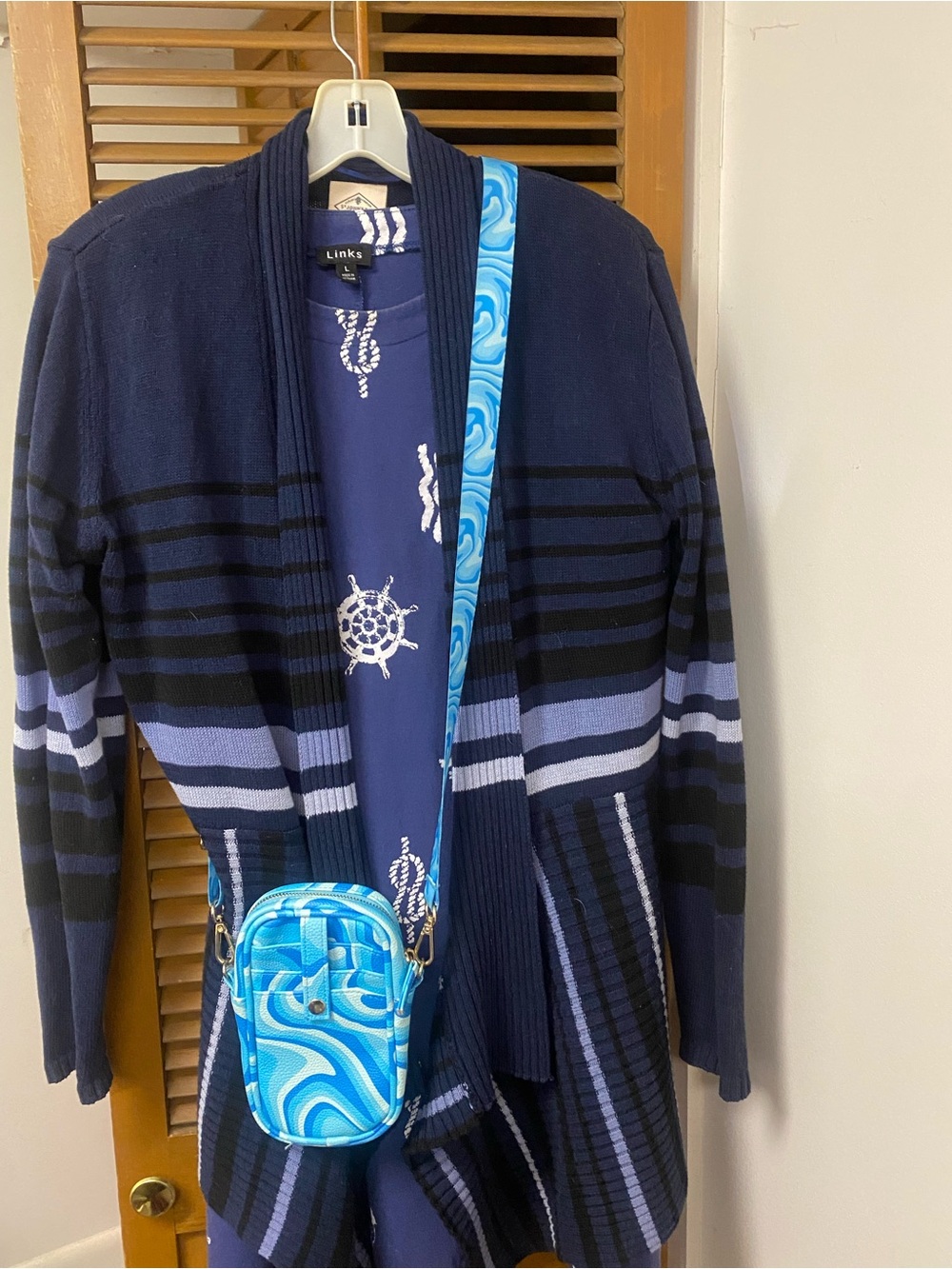 Links Easygoing Dress with Matching Striped Open-Front Sweater & Crossbody Bag